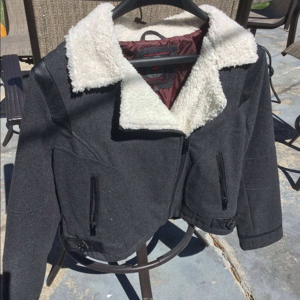 Gray jacket with faux wool and leather detail